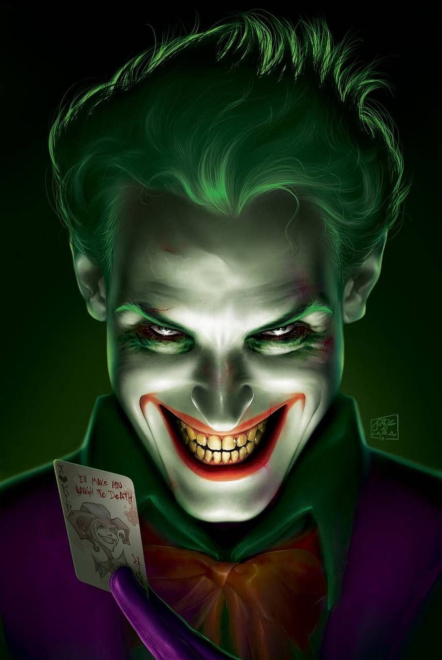 Joker Grinning Portrait with Playing Card and Green Hair HD phone wallpaper