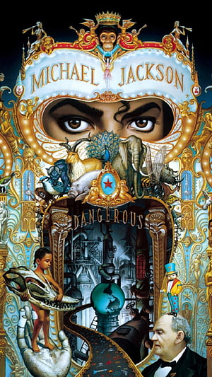 Michael Jackson Dangerous Album Cover Artwork with Surreal Collage Elements and Ornate Gold Frame HD phone wallpaper