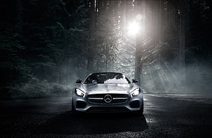 Silver Mercedes-AMG GT S Front View in Misty Forest at Night HD wallpaper