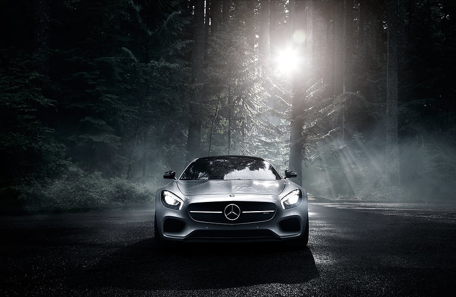 Silver Mercedes-AMG GT S Front View in Misty Forest at Night HD wallpaper