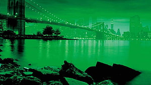 Brooklyn Bridge and Manhattan Skyline in Green Tinted Night View HD wallpaper