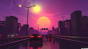 Retro City Sunset Highway with Neon Skyline and Rain-Slicked Road HD wallpaper