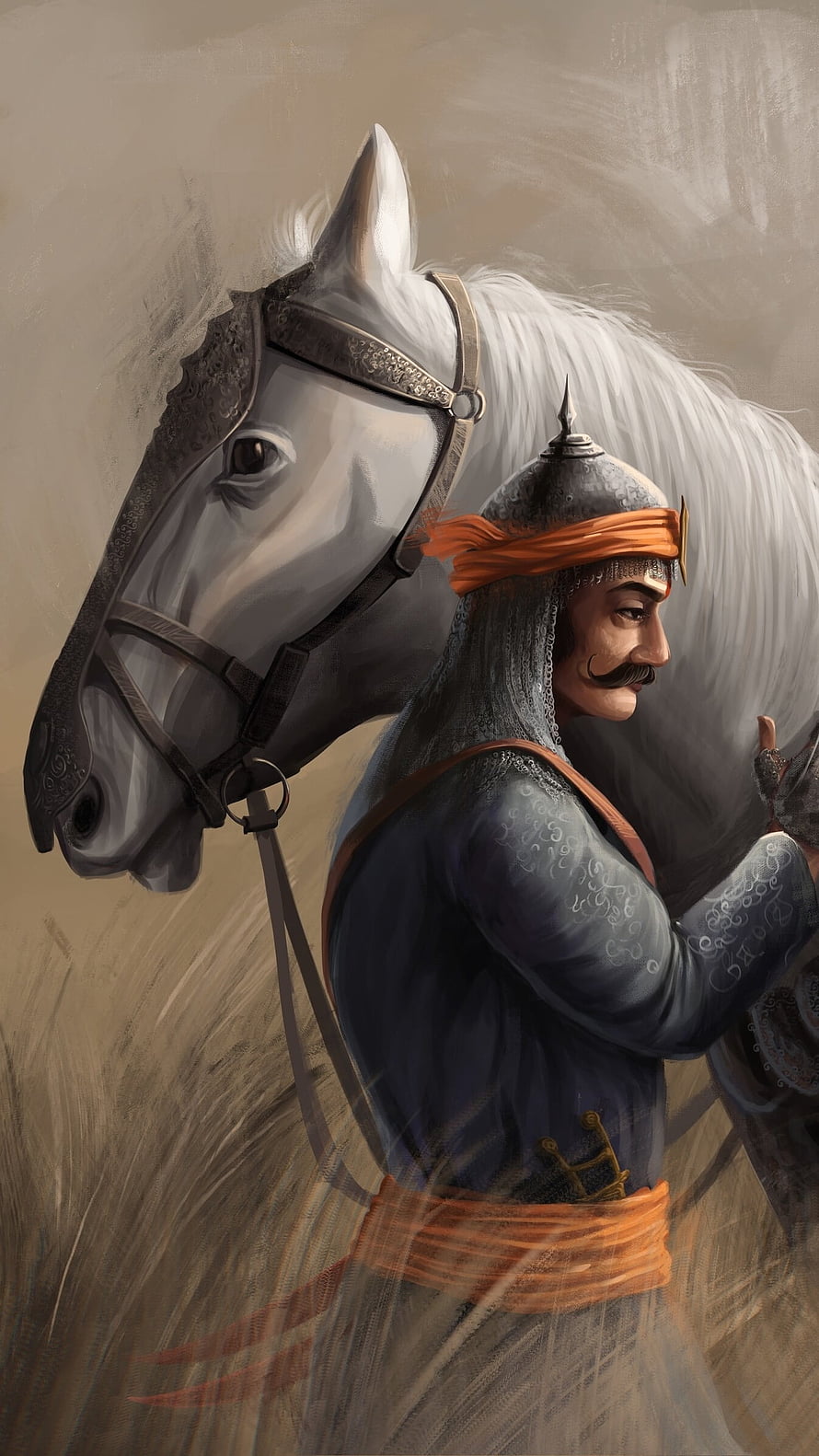 Maharana Pratap on White Horse: Historical Warrior Portrait in Traditional Armor HD phone wallpaper