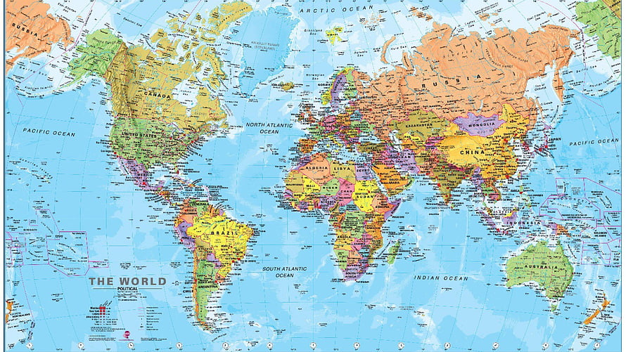 Detailed Political World Map with Country Borders and Ocean Labels HD wallpaper