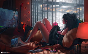 Wlop Digital Art of a Girl Gaming on a Bed with Neon Lighting and Cozy Room Ambiance HD wallpaper