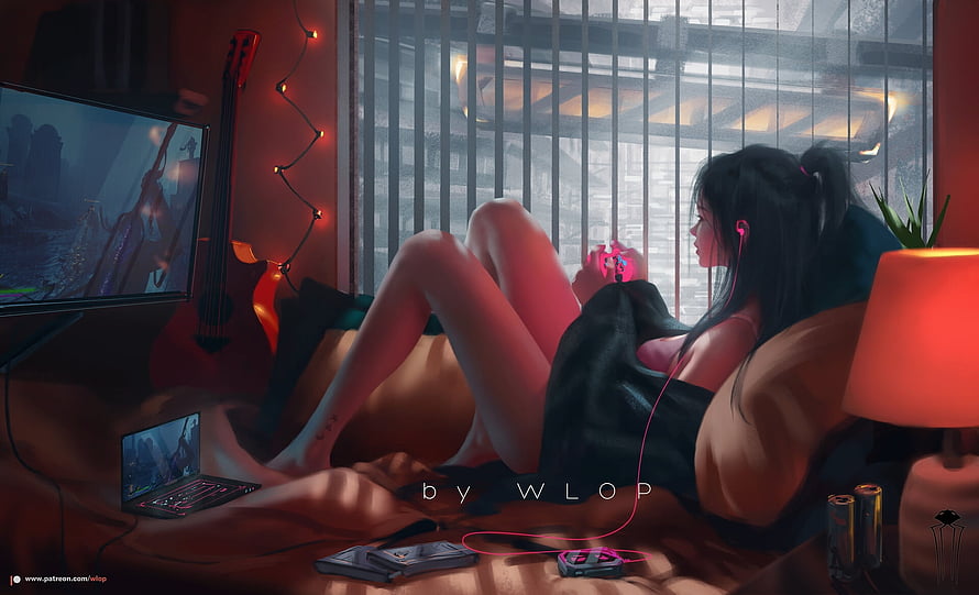 Wlop Digital Art of a Girl Gaming on a Bed with Neon Lighting and Cozy Room Ambiance HD wallpaper