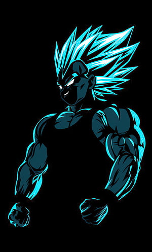 Goku Super Saiyan Blue Anime Character with Neon Cyan Glow on Black Background HD phone wallpaper