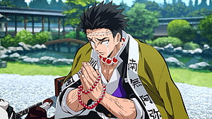 Gyomei Himejima Praying in a Japanese Garden From Demon Slayer HD wallpaper