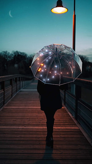 Woman Walking on Wooden Bridge at Night with Glowing Fairy Light Umbrella, People, Girl, etc for Mobile - Best (19), Girls Mobile HD phone wallpaper