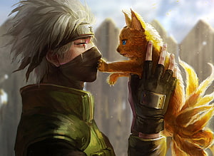 Kakashi Hatake Gently Holding a Small Orange Cat in a Softly Lit Fantasy Landscape HD wallpaper