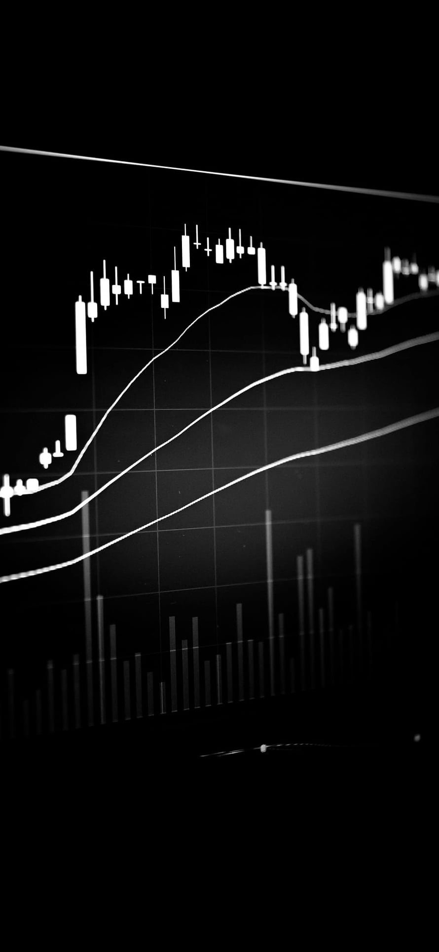 Black and White Candlestick Chart with Moving Averages and Volume Bars on Dark Background HD phone wallpaper
