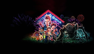 Stranger Things Season 3 promotional artwork featuring the Starcourt Mall, Hawkins characters, and the Demogorgon under fireworks HD wallpaper