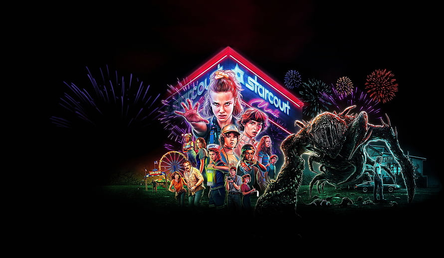 Stranger Things Season 3 promotional artwork featuring the Starcourt Mall, Hawkins characters, and the Demogorgon under fireworks HD wallpaper