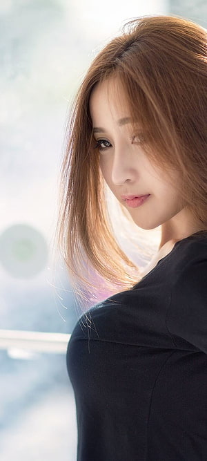 Soft Portrait of a Woman with Long Brown Hair in Black Top HD phone wallpaper
