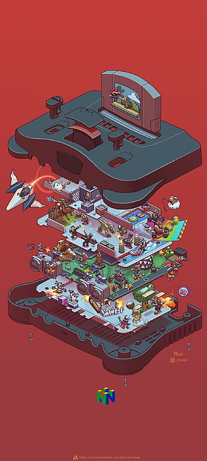Isometric Nintendo Switch Exploded View Featuring Classic Retro Game Characters and Scenes HD phone wallpaper
