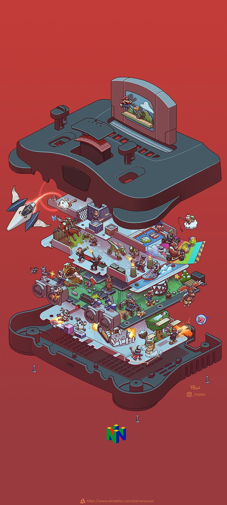 Isometric Nintendo Switch Exploded View Featuring Classic Retro Game Characters and Scenes HD phone wallpaper