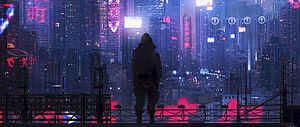 Cyberpunk Cityscape with Silhouetted Figure on Rooftop HD wallpaper