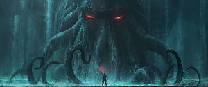 Colossal Cthulhu Monster Confronting Lone Hero in Dark Fantasy Cavern HD wallpaper