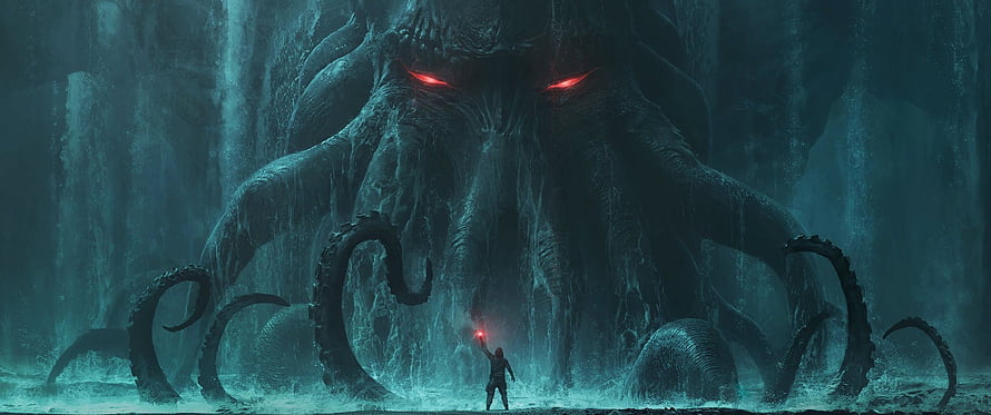 Colossal Cthulhu Monster Confronting Lone Hero in Dark Fantasy Cavern HD wallpaper