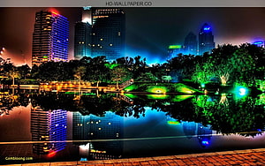 Vibrant Night Cityscape with Neon Reflections in a Park Lake HD wallpaper