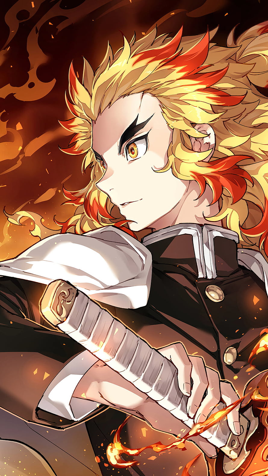 Kyojuro Rengoku from Demon Slayer Wielding Katana Amidst Fiery Flames HD phone wallpaper