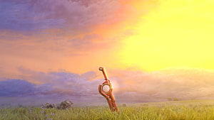 Xenoblade Chronicles Monado Sword Planted in Golden Grassland at Sunset HD wallpaper