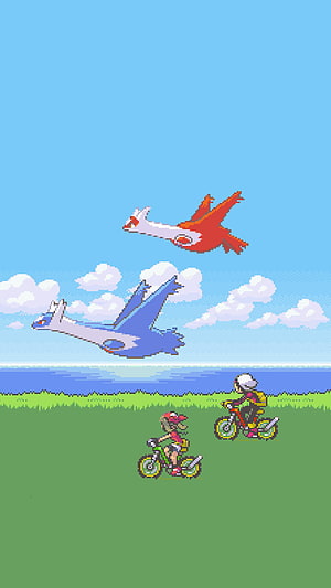 Pokemon Ruby End Credits Scene with Latias and Latios Flying Over Cyclists HD phone wallpaper