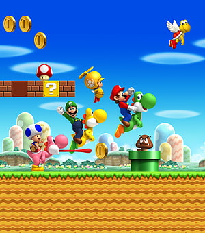 New Super Mario Bros. Wii Characters Riding Yoshi in Vibrant 3D Platformer Scene HD phone wallpaper