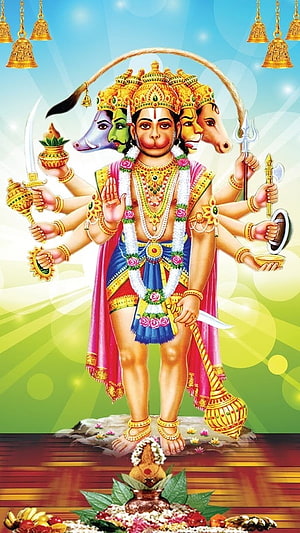 Panchmukhi Hanuman Devotional Illustration with Five Faces and Multiple Arms, Panchmukhi Hanuman, Hanuman Ji, bajrangbali HD phone wallpaper