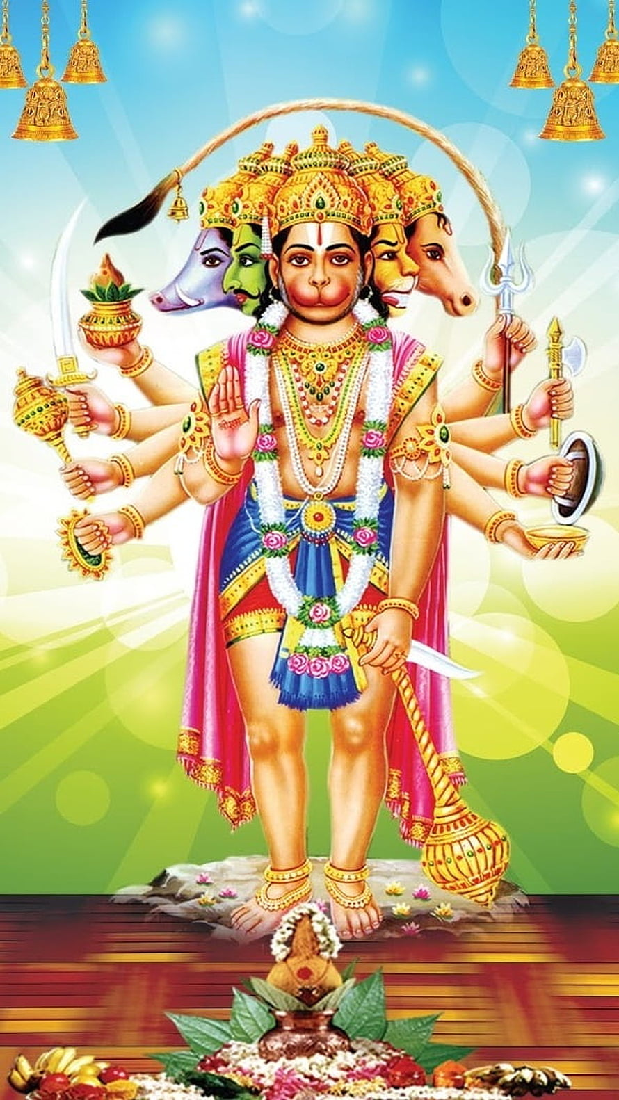 Panchmukhi Hanuman Devotional Illustration with Five Faces and Multiple Arms, Panchmukhi Hanuman, Hanuman Ji, bajrangbali HD phone wallpaper