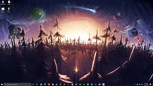 Outer Wilds Alien Forest Landscape With Glowing Planet And Cosmic Sky HD wallpaper