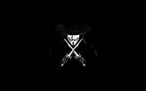 Anonymous Guy Fawkes Mask Figure Holding Crossed Swords in Dark Minimalist Style HD wallpaper
