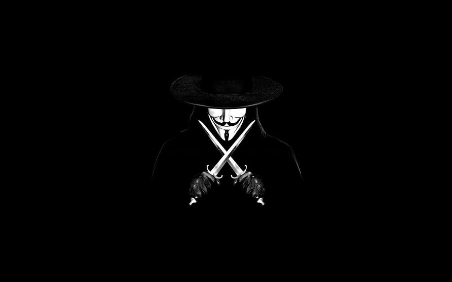 Anonymous Guy Fawkes Mask Figure Holding Crossed Swords in Dark Minimalist Style HD wallpaper