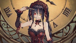 Kurumi Tokisaki in Gothic Corset Holding Pistol Against Ornate Clock Face HD wallpaper