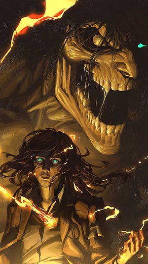 Eren Yeager and the Founding Titan in Dramatic Dark Fantasy Art HD phone wallpaper