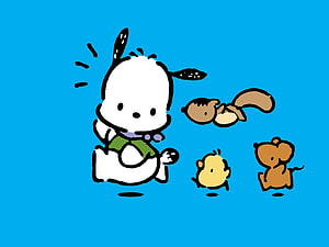 Pochacco and Friends in a Cute Cartoon Illustration on a Bright Blue Background HD wallpaper