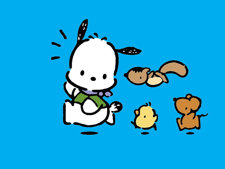 Pochacco and Friends in a Cute Cartoon Illustration on a Bright Blue Background HD wallpaper