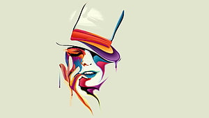 Vibrant Abstract Portrait of a Woman Wearing a Colorful Hat with Paint Drips HD wallpaper