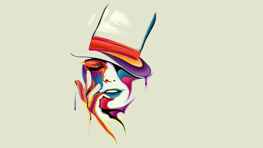 Vibrant Abstract Portrait of a Woman Wearing a Colorful Hat with Paint Drips HD wallpaper