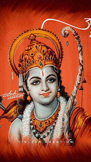 Shri Ram Portrait with Crown and Staff on Vibrant Orange Background HD phone wallpaper