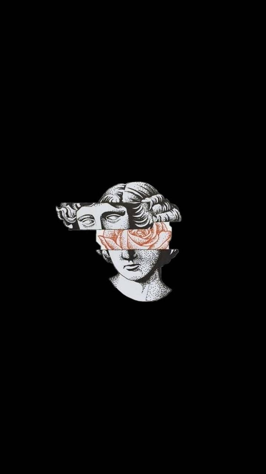 Minimalist Greek Statue Face with Rose Overlay on Black Background HD phone wallpaper