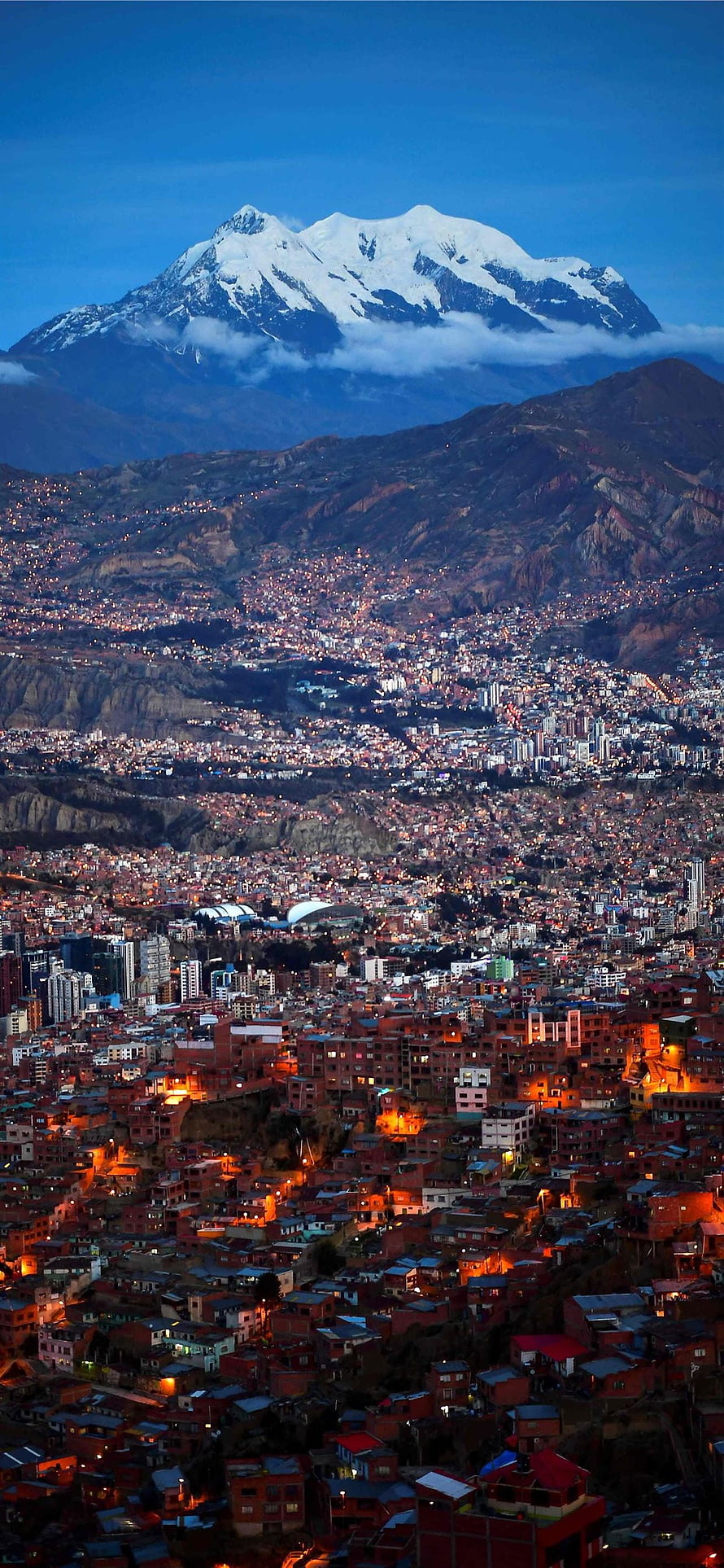 La Paz Bolivia Cityscape at Dusk with Illimani Snow-Capped Mountain HD phone wallpaper