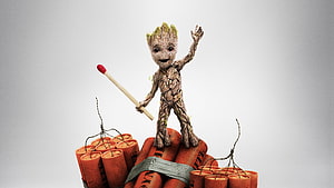 Baby Groot Standing on Dynamite Bundle Holding Giant Matchstick HD wallpaper