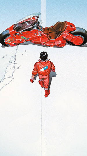 Akira Character in Red Racing Suit Walking Toward Futuristic Motorcycle HD phone wallpaper