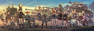 Girls und Panzer anime cast gathering around military tanks at sunset HD wallpaper
