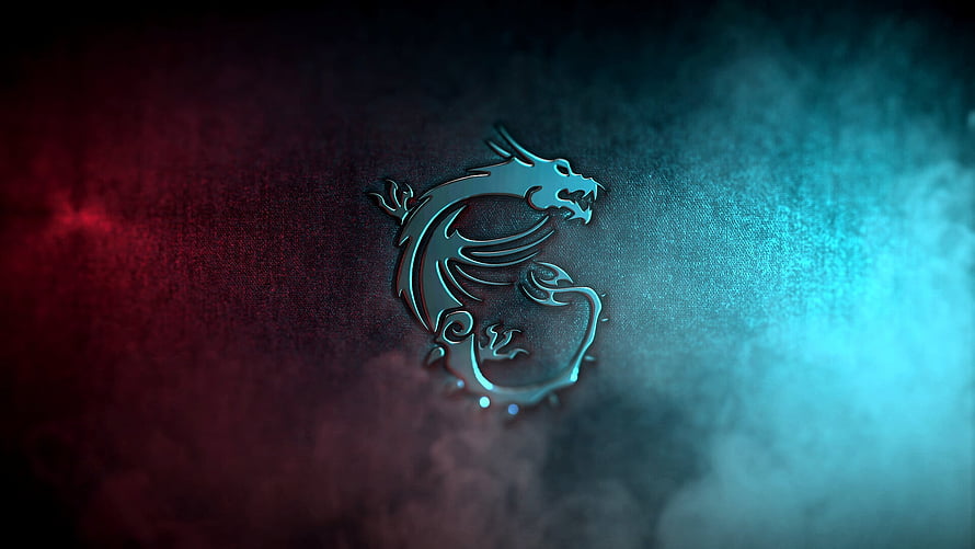 MSI Dragon Logo on Dark Textured Background with Red and Blue Neon Lighting HD wallpaper