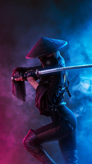 Female Samurai Warrior in Conical Hat Holding Katana in Neon Smoke HD phone wallpaper