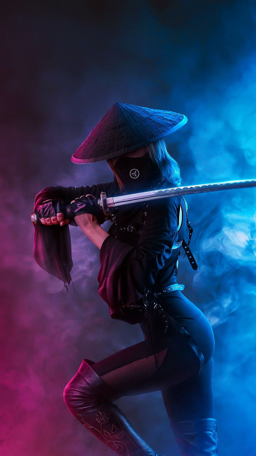 Female Samurai Warrior in Conical Hat Holding Katana in Neon Smoke HD phone wallpaper