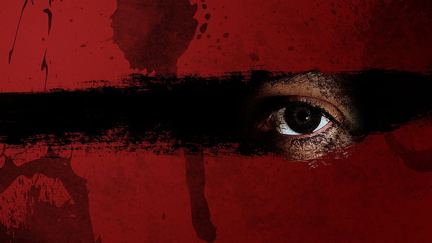 Eyes The Horror Game Dark Eye Close Up With Red Splatter And Black Brushstroke HD wallpaper