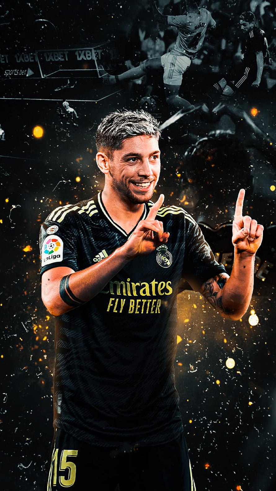 Fede Valverde in Real Madrid Black Away Kit with Gold Accents and La Liga Badge HD phone wallpaper